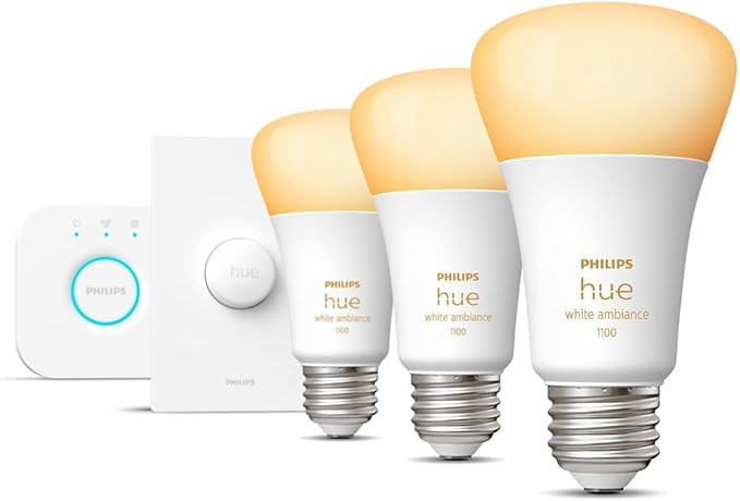 Philips Hue 553925 White Ambiance Base Lumen (60W) Smart Button Starter Kit Works with Amazon Alexa, Google Assistant, Apple HomeKit 60 Watt (Old Version), 3 Count (Pack of 1)