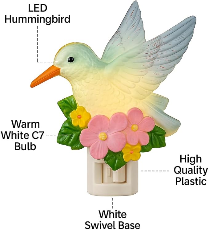 Novelty Lights LED Lamp Hummingbird with Flowers Spring Easter Decoration Night Light with Swivel Plug