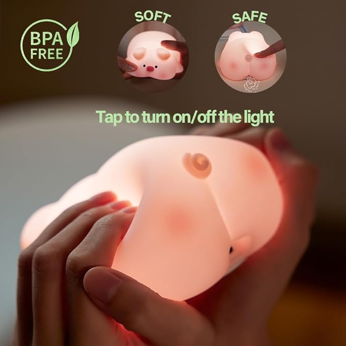 Cute Pig Night Light, 3 Level Dimmable Nursery Nightlight, Kawaii Lamps Squishy Silicone Rechargeable Touch Lamp, Best Gift for Kids Adults Room Decor
