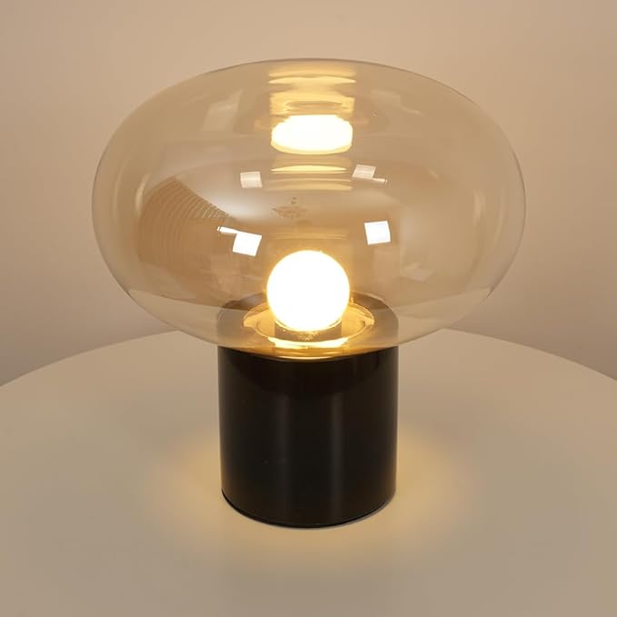 Meefad Glass Table Lamp, Mushroom Shape Bedside Lamp with Marble Base, Small Night Light for Bedroom Office Nightstand Cognac Finish