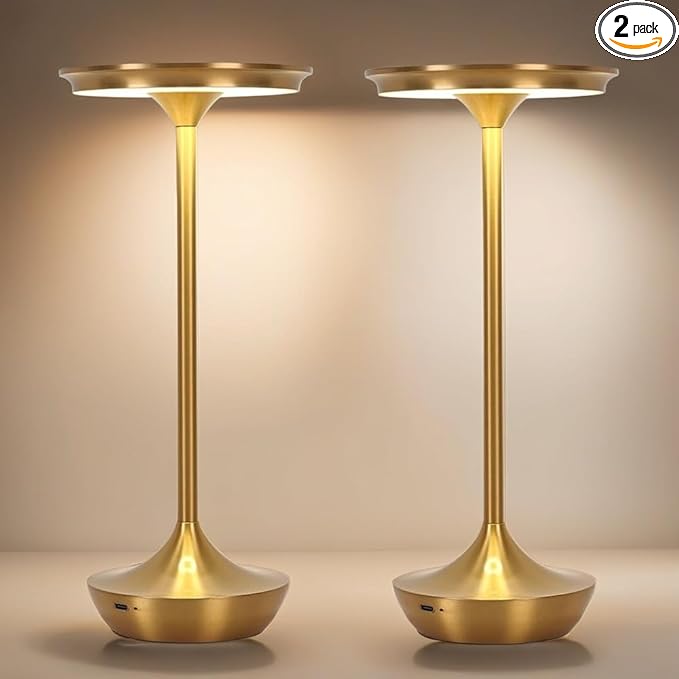 2 Pack LED Rechargeable Cordless Table Lamps,Portable Outdoor 6000 mAh Battery Operated Table Light Touch Control 3 Color Dimmable Waterproof for Patio/Cofee/Restaurant/Camping/Dining/ Bedroom-Gold