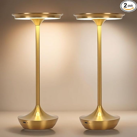 2 Pack LED Rechargeable Cordless Table Lamps,Portable Outdoor 6000 mAh Battery Operated Table Light Touch Control 3 Color Dimmable Waterproof for Patio/Cofee/Restaurant/Camping/Dining/ Bedroom-Gold