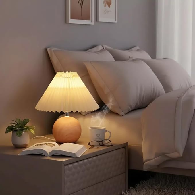 Bedside Night Table Lamp for Bedroom Adjustable Brightness Minimalist Bedside Lamp with Pleated Lampshade Small Night Light for Kids Room, Living Room, College Dorm, Home Bar