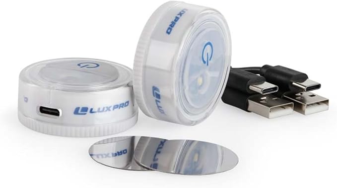 LUXPRO Waterproof Micro LED Rechargeable Puck Lights - Adhesive Lighting Ideal for Under Cabinets, in Tackle Boxes, or On Bookcases - Compact Rechargeable Push Tap Light - 2 Pack (Rechargable)