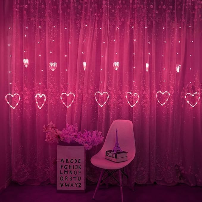 Dazzle Bright Valentines Day Lights, 138LED 9FT 12Heart Curtain String Lights with 8 Modes, Plug in Galentines Decorations for Indoor Window Outdoor Wedding Party Decor (Pink)