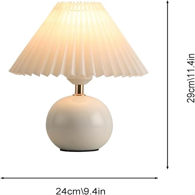 ikaufen Pleated Fabric Shade Table Lamp, Round Ceramic Base Lamp with Floral/Plain Design for Bedroom, Living Room & Desk (Off-White)