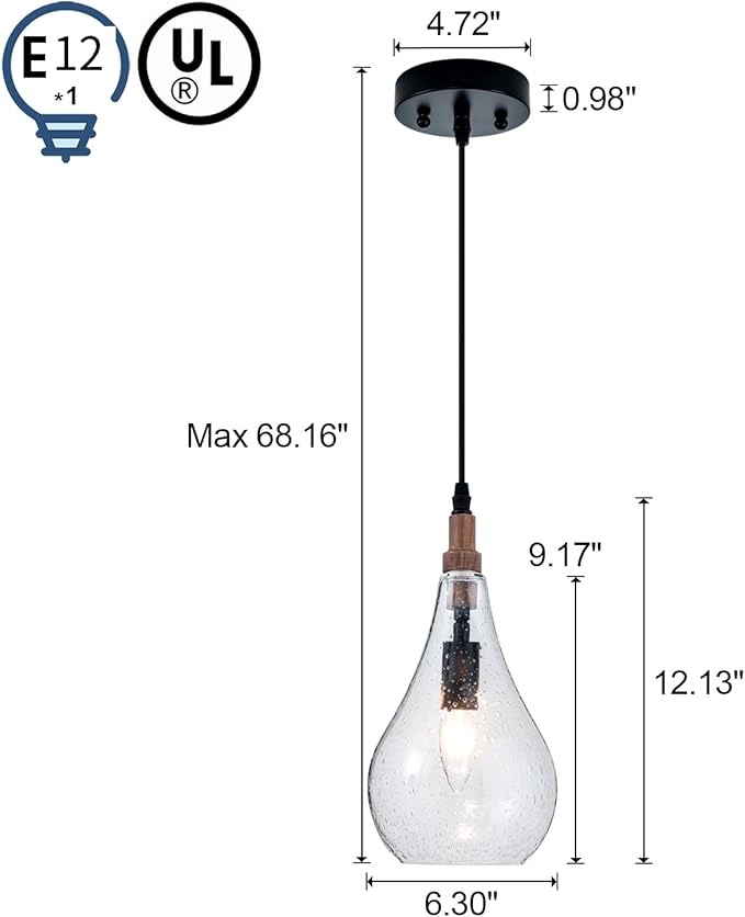 Farmhouse Wood Bubble Seeded Glass Pendant Light Adjustable Industrial Pendant Lighting Fixtures for Kitchen Island Dining Room Bedroom Entryway Sink