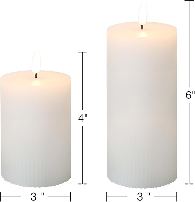 White Ribbed Flameless Pillar Candles with Remote, Flickering LED Wax Candles Battery Operated Set of 2