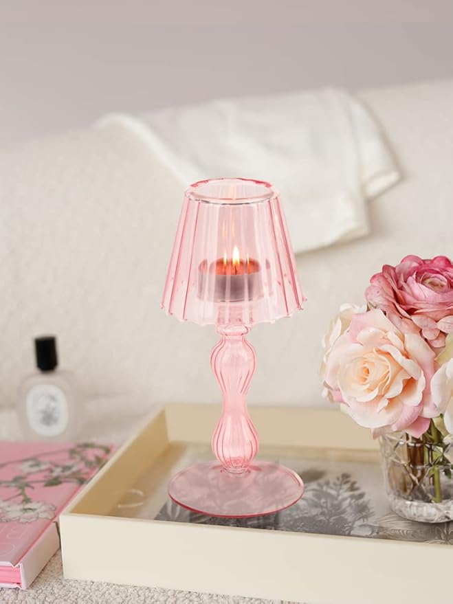 Desk Lamp Shaped Glass Candle Holder - Glass Hurricane Candleholder Crystal Decorative Candle Stand for Table Wedding Dinning Centerpieces Party Supplies Festival Decor Pink