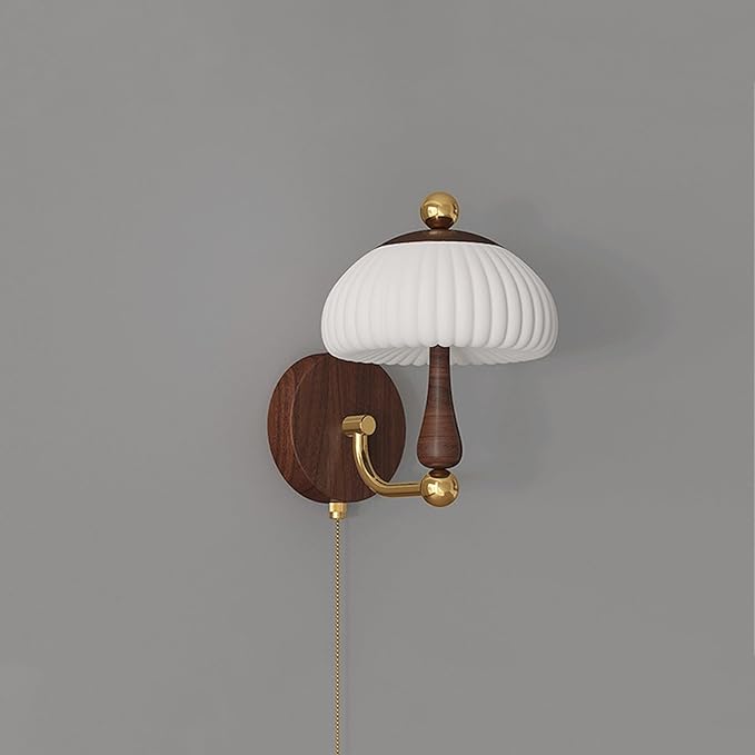 Retro Nordic Unique Creative Design Walnut Wood Grain LED Wall Sconce Mushroom Pleated PE Lampshade Pull Chain for Living Room Bedroom Hotel Bedside Hallway Study Ambient Deco