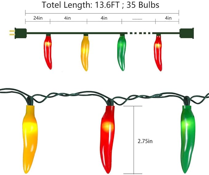 Chili Pepper Christmas String Lights, 13.6FT Chili Pepper Lights with 35 Multicolor Warm White Hot Chili, Incandescent Bulb Pepper Lights for Halloween Christmas Outdoor Patio Garden Kitchen Decor