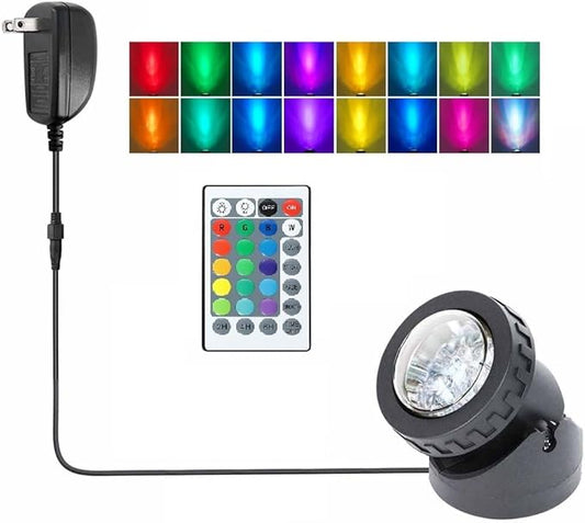 Pond Lights Submersible with Timer, Fountain Lights Colored Underwater IP68 Waterproof Memory Dimmable LED Outdoor Spotlights for Pond Fountain Waterfall Water Landscape, 1 Lights