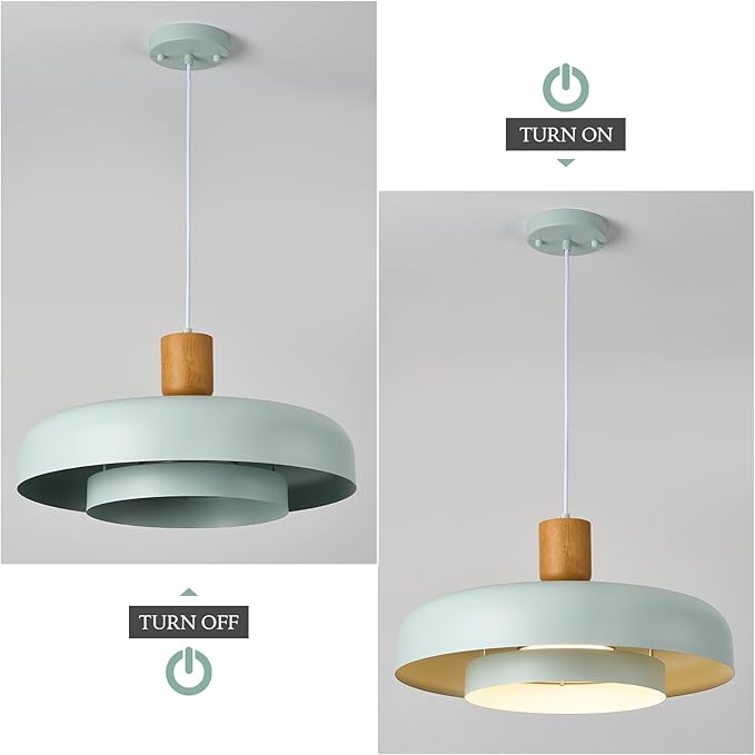 Mid Century Chandelier 19.68 inch, 2 Tiers Light Blue Shade, Natural Wood and Brass Accent,Large Pendant Lights for Kitchen Island, Dining Room, Living Room