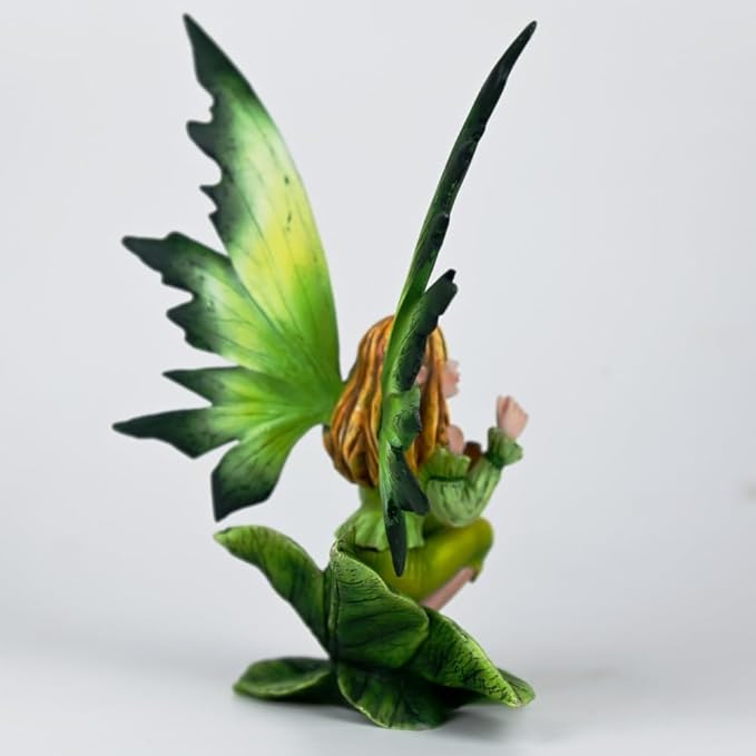 Fantasy Leaf Base Fairy Figurine, 5.9 Inch Green Elf Statue, Hand-Painted Resin Indoor Outdoor Decor for Garden, Desk, Plant Pot (Green Gradient)