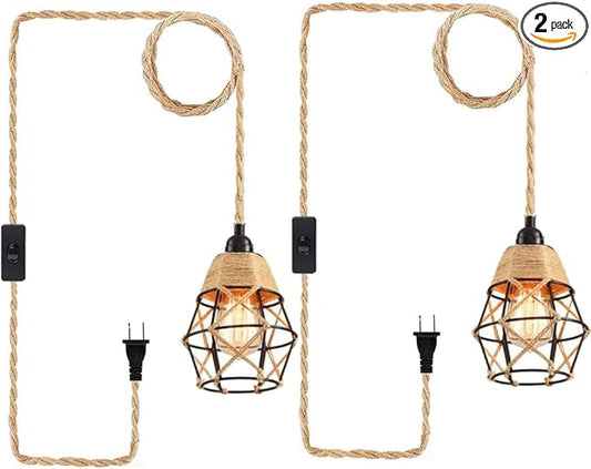 Industrial Hanging Light with Plug in Cord - Hemp Rope On/Off Switch Farmhouse Pendant Light for Dining Room