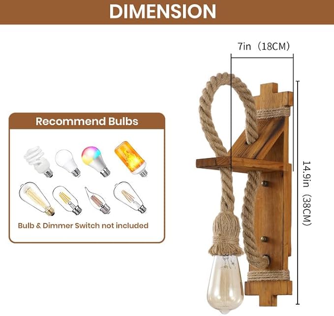 SEEBLEN Wall Sconces Set of Two Farmhouse Wooden Wall Sconce with Natural Hemp Rope,Boho Wall Lamps for Bedroom Beside Living Room Fireplace.