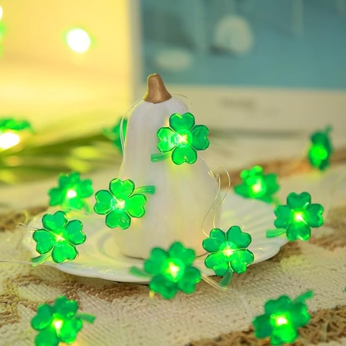 St Patricks Day Decorations Green Shamrocks String Lights 10 ft 30 LEDs Battery Operated, Lucky Clover Fairy Lights, Green Lights for Porch Fireplace Golf cart, St. Patrick's Day Decoration