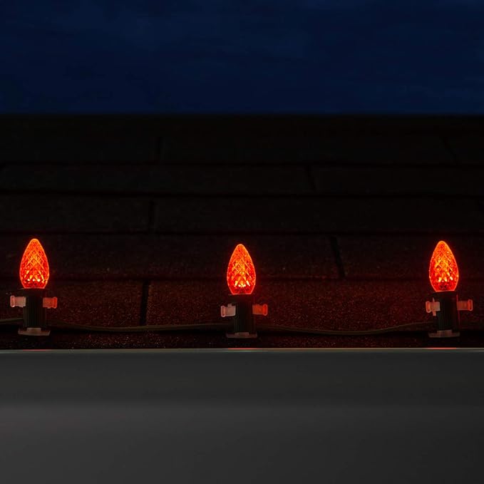 Wintergreen Lighting C7 OptiCore Commercial Orange Christmas Lights – LED Bulbs for Halloween, Party; Heavy Duty 18 Gauge Green Wire (100 Lights, 100 ft, Amber/Orange)