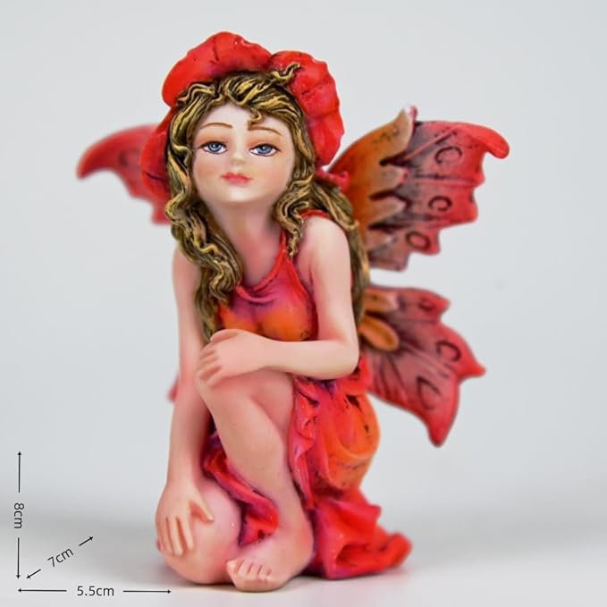 Fantasy Red Autumn Fairy Figurine, 3.15 Inch Flower Hat Elf Statue, Hand-Painted Gradient Resin Decor with Textured Wings for Fall Garden, Desk, Plant Pot