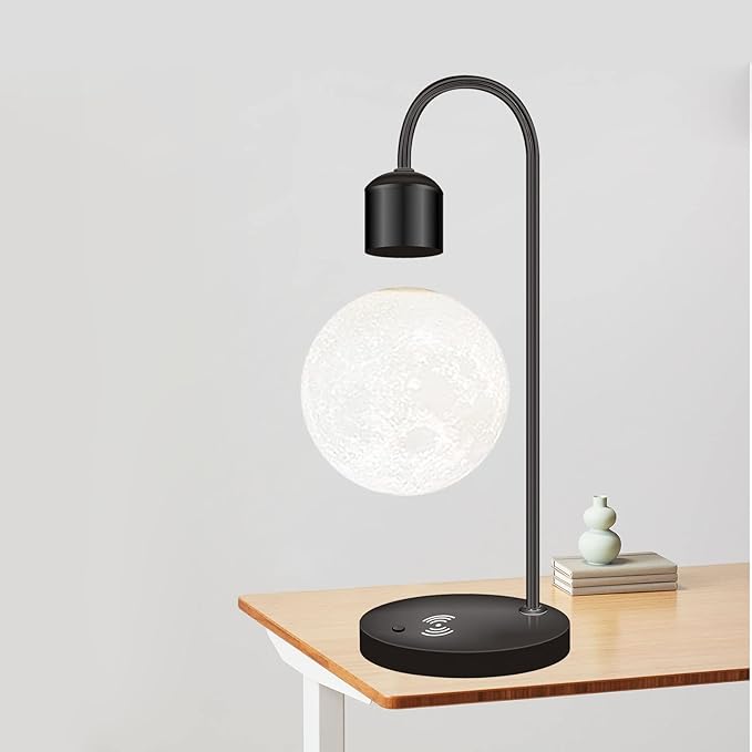 Unique Modern Levitating Lamp with Floating Light and Built-in Qi Wireless Charger, Simplistic and Innovative Design, Warm Decorative Night Light (Black Moon)