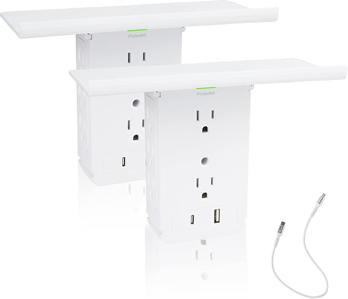 Wall Outlet Extender-2 Pack Surge Protector Wall Plug with USB A+C Ports (3.4A Total), 8 AC Outlets, Removable Outlet Shelf and Type-C Cable Included, Compatible with GFCI,1020J