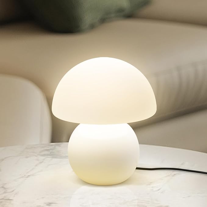 Mushroom Table Lamp for Bedroom Living Room Small Vintage Table Lamp Dimmable Bedside Lamp Ceramic Base & Glass Led Cozy Lamp Desk Light for Home Aesthetic Decor