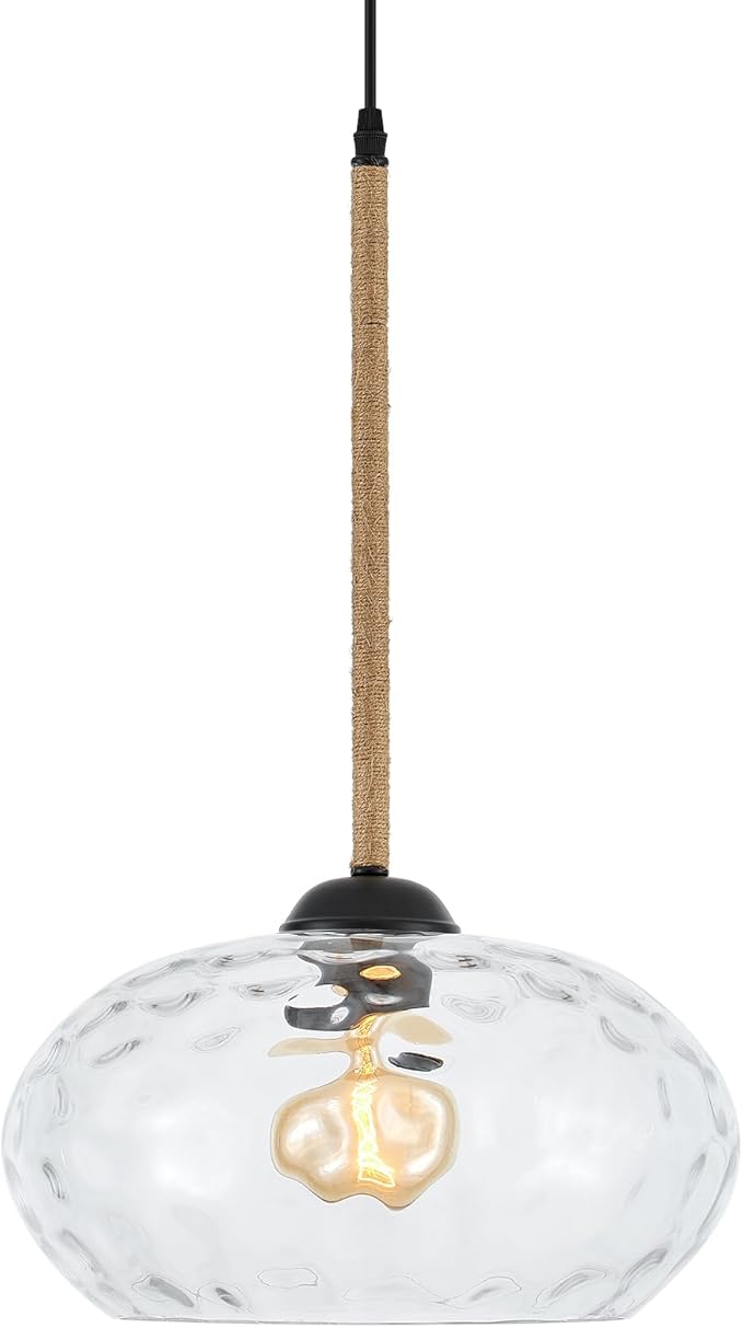 13” Large Hammered Glass Pendant Light Rattan Modern Industrail Chandelier for Kitchen Island Dining Room Hallway, UL Listed