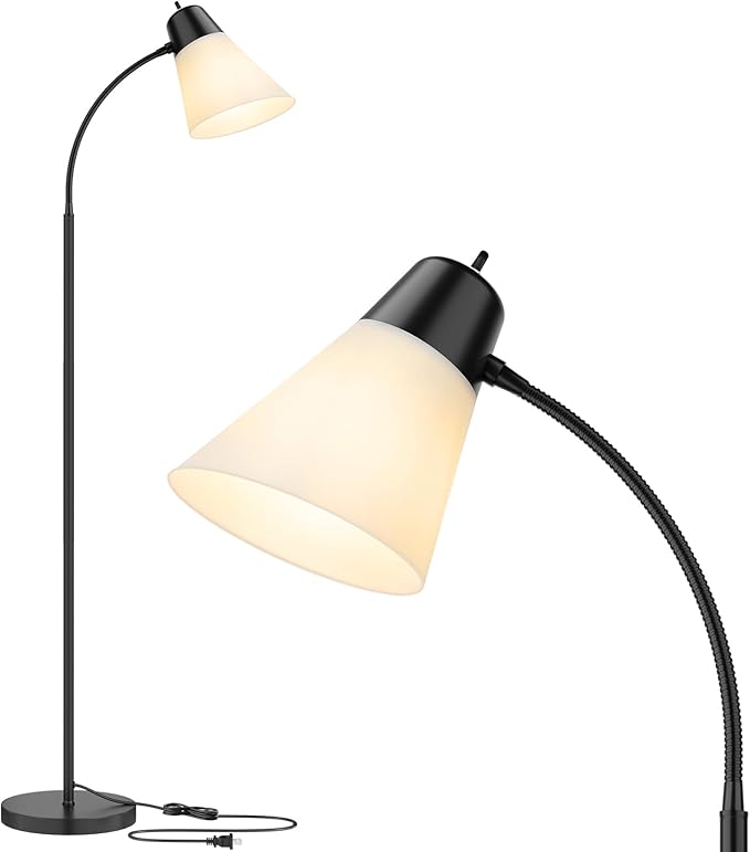 Floor Lamp for Living Room, Adjustable Head Standing Lamp with White Plastic Shade, Black Reading Floor Lamps for Dorm, Bulb not Included