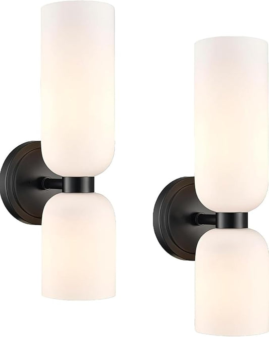 Modern Wall Light Black Wall Sconces Set of Two 2-Light Modern Wall Light Matt Black lamp Body Bathroom Vanity Milky White Glass Light Shade for Bathroom Living Room (Black)