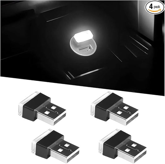 4PCS/Set USB LED Car Interior Atmosphere Lamp, Portable Mini Vehicle LED Night Light, Plug-in USB Interface Automotive Interior Ambient Lighting Kit Accessories, Universal Fit (White)