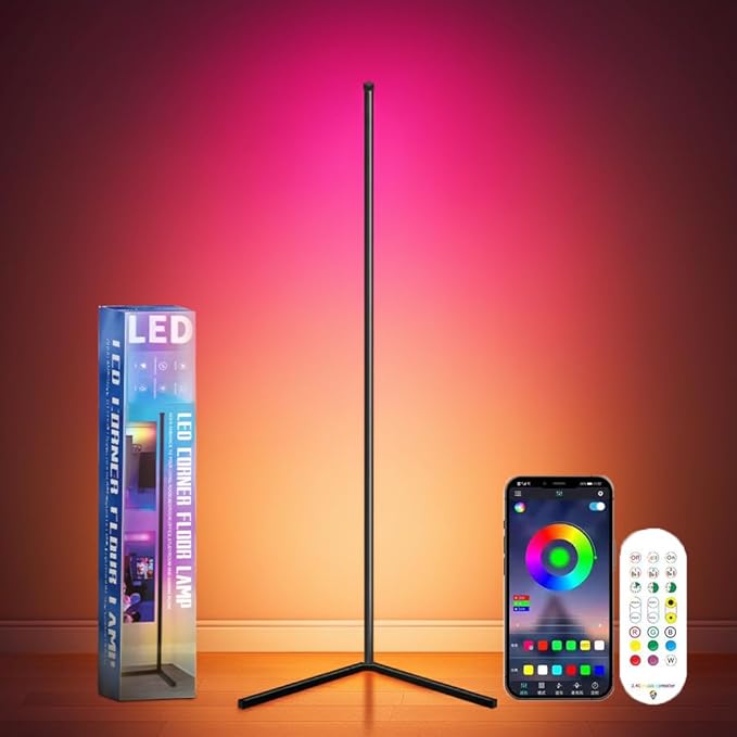 YHW RGB Corner Floor Lamp, Smart App and Remote Control Color Changing Ambience Light Music Sync, LED Lamp with 16 Million Colors for Bedroom, Living Room Gaming Room.