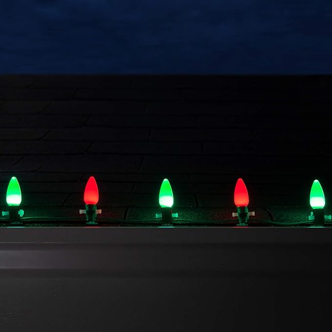 Wintergreen Lighting 100 C9 OptiCore LED Commercial Outdoor Christmas Lights – Heavy Duty Christmas String Lights; Green Wire (100 ft, Red/Green Smooth/Opaque)