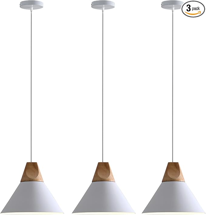 Modern Pendant Lights Kitchen Island,Solid Wood Matte White Ceiling Hanging Lamp,Pendant Lighting for Dining Room Coffee Bar (White-3 Pack)