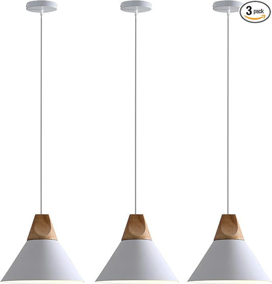 Modern Pendant Lights Kitchen Island,Solid Wood Matte White Ceiling Hanging Lamp,Pendant Lighting for Dining Room Coffee Bar (White-3 Pack)
