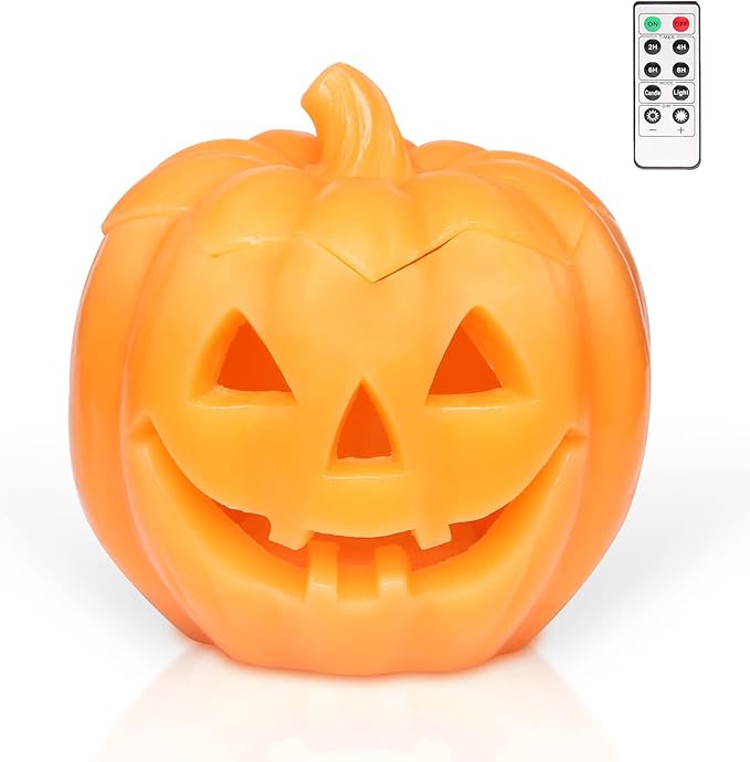 Halloween Smile Lighted Pumpkin with 10-Key Remote, Pumpkin Shaped Flameless Real Wax Flickering Candle with Timer for Home Table Centerpiece Decoration