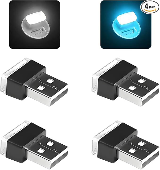 4PCS/Set USB LED Car Interior Atmosphere Lamp, Portable Mini Vehicle LED Night Light, Plug-in USB Interface Automotive Interior Ambient Lighting Kit Accessories, Universal Fit (White+Ice Blue)
