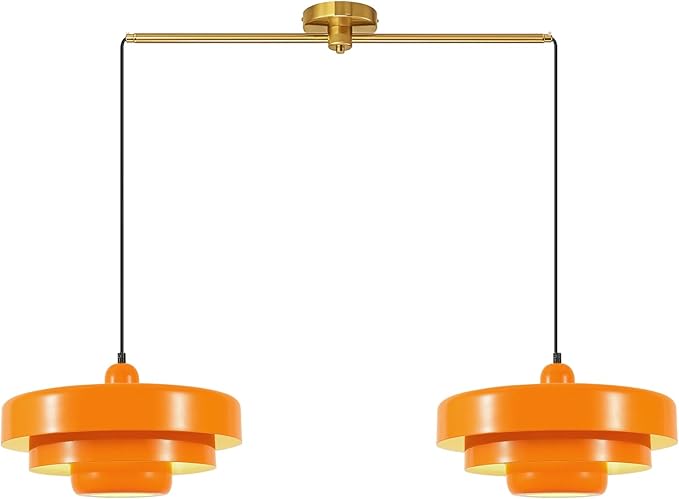 Industrial Vintage Adjustable 2-Light Pendant Light Kitchen Island, Brass Ceiling Hanging Light Fixture with Metal Shade for Dining Room, Living Room, Entryway, Easy to Install