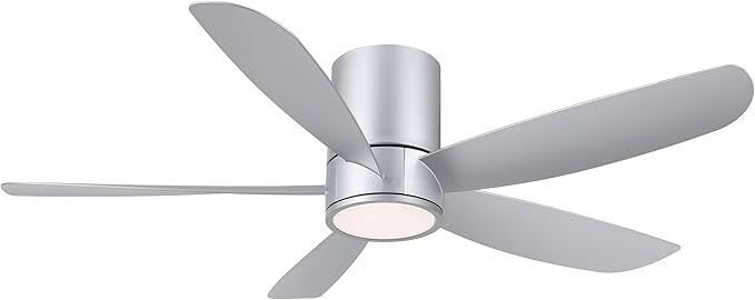 52" Outdoor Ceiling Fan with Light and Remote, ABS Blades, Low Profile Flush Mount Ceiling Fan, Dimmable LED light, Noiseless Reversible DC Motor, for Bedroom/Living Room/Porch (Silver)