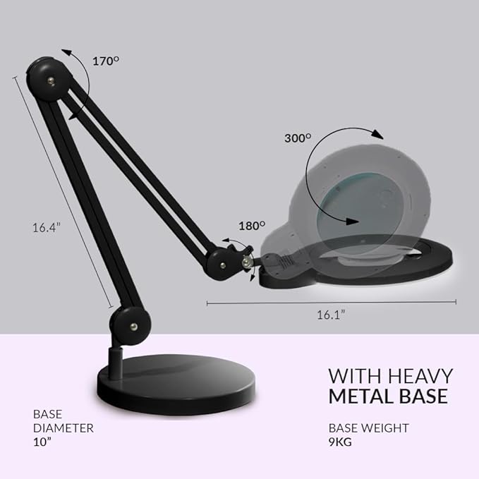 Neatfi XL Bifocal LED Magnifying Lamp – 7-Inch Acrylic Lens, 2.25x & 6X Magnification, 1,600 Lumens, Dimmable LED, Adjustable Arm, Hands-Free Close Work (Black, with Base)