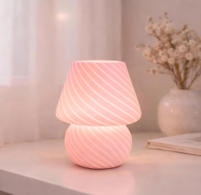 Dorm USB Plug-in Mushroom Lamp Small Bedside Table Lamp with 3 Temperature LED Bulb, Free Dimming Nights Light for Bedroom/Living Room/Entryway/Corner/Table Decor (Stripe Pink)