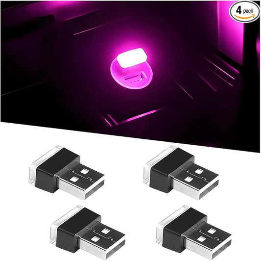 4PCS/Set USB LED Car Interior Atmosphere Lamp, Portable Mini Vehicle LED Night Light, Plug-in USB Interface Automotive Interior Ambient Lighting Kit Accessories, Universal Fit (Pink)