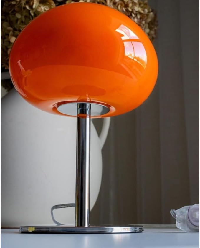 Mid Century Table Lamp, Orange Glass Mushroom Lamp, Dimmable Retro Accent Lamp, 13.5" Sculptural Vintage Style Lighting for Bedside, Shelf, Console, Warm Nostalgic Glow