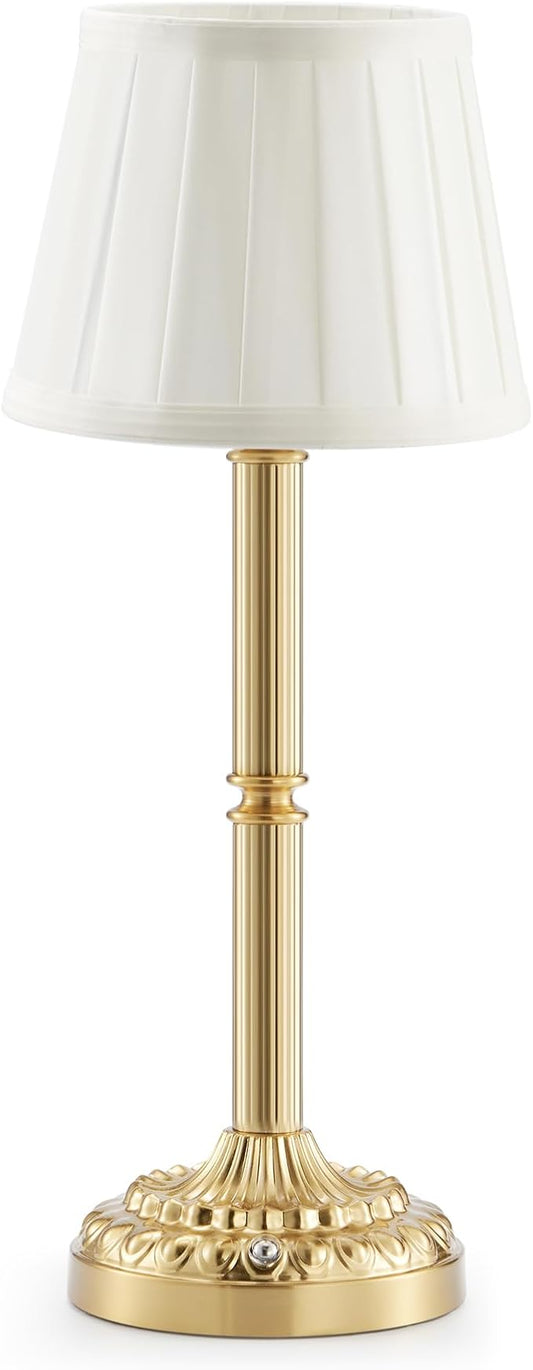 Vintage Cordless Rechargeable Table Lamp, 3-Level Touch Dimmer, Folded Fabric Shade & Brass Base, Portable Battery Operated Lamp for Living Room, Bedside, Dining, Restaurant Lighting, Home Decor