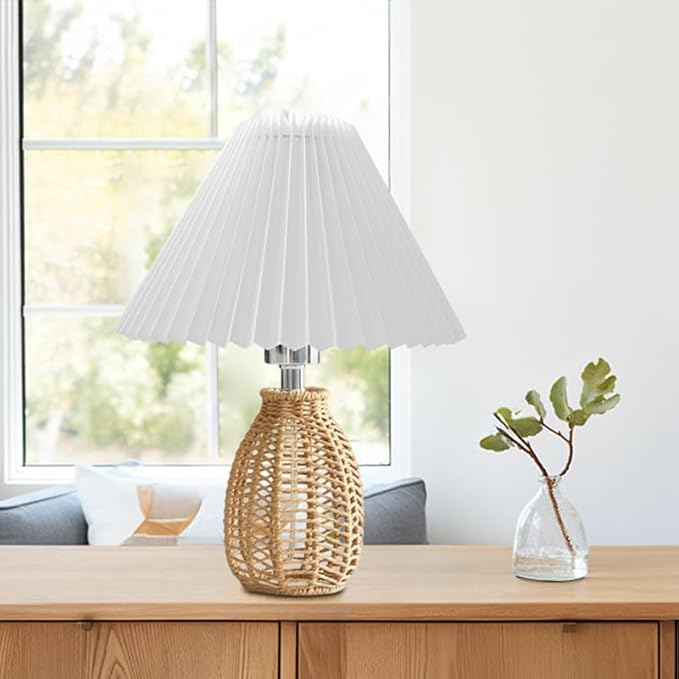 Pleated Table Lamp Wicker Woven Rattan Night Light, Modern Bedside Nightstand Lamp with White Scalloped Lampshade Rattan Metal Base, Desk Light for Bedroom Living Room Home Office Decor