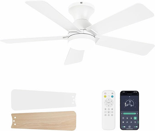 Ceiling Fans with Lights, 42 Inch Low Profile Ceiling Fan with Light and Remote Control, Flush Mount, Reversible, 3CCT, Dimmable LED, Quiet, White Ceiling Fan for Bedroom, Kitchen