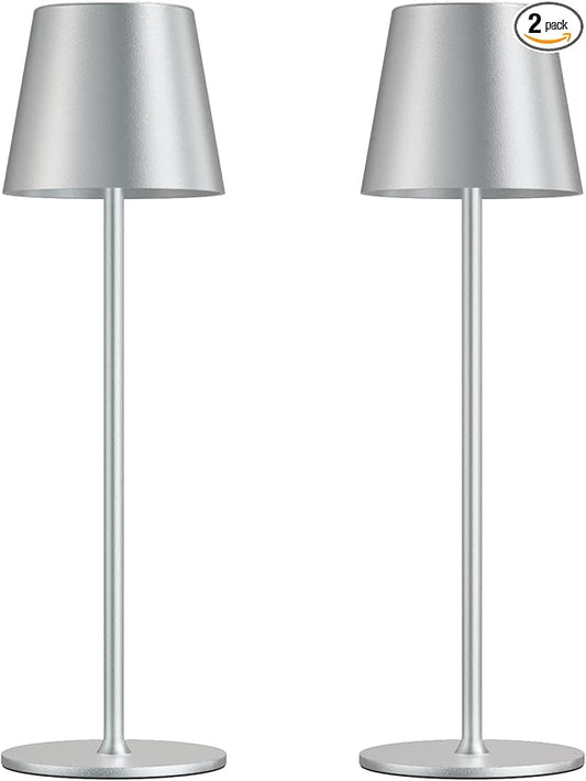 Cordless Table Lamp Rechargeable - Silver Grey 2 Pack 5000mAH Battery Operated Lamp for Counter, 3 Color Stepless Dimming Waterproof LED Wireless Lamp for Dining Kitchen, Outdoor Patio, Touch Control