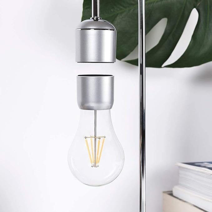 Unique Modern Levitating Lamp with Floating Light and Built-in Qi Wireless Charger, Simplistic and Innovative Design, Warm Decorative Night Light (Silver Bulb)