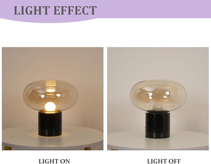 Meefad Glass Table Lamp, Mushroom Shape Bedside Lamp with Marble Base, Small Night Light for Bedroom Office Nightstand Cognac Finish
