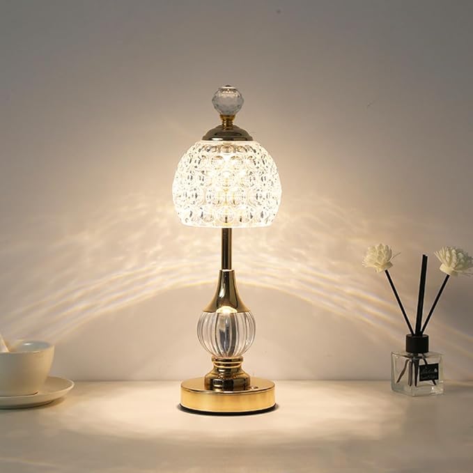 Portable Crystal Metal Desk Lamp,3-Color Touch Control, Rechargeable Battery - Ideal Bedside Lamp for Bedroom Nightstand (Gold)