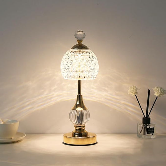 Portable Crystal Metal Desk Lamp,3-Color Touch Control, Rechargeable Battery - Ideal Bedside Lamp for Bedroom Nightstand (Gold)